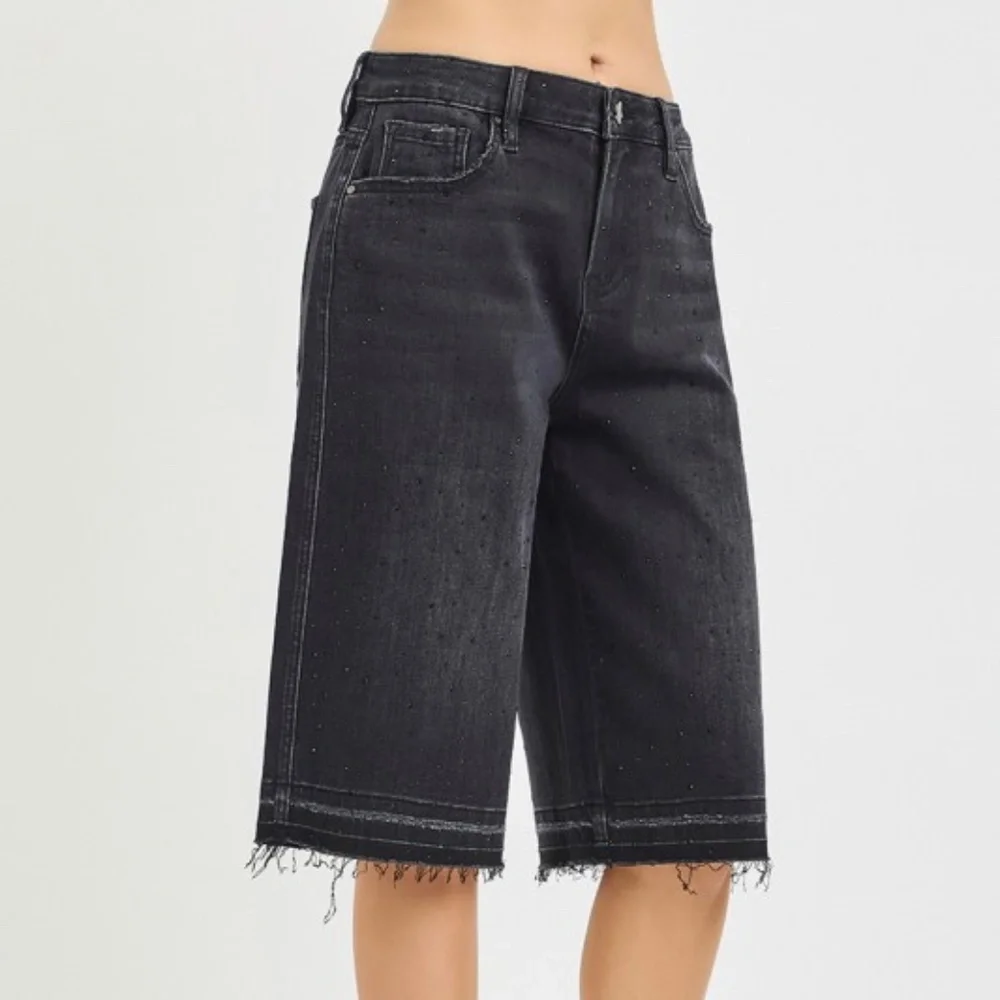 Mineral Wash Black  Rhinestone Detail Raw Hem Denim Shorts Jorts